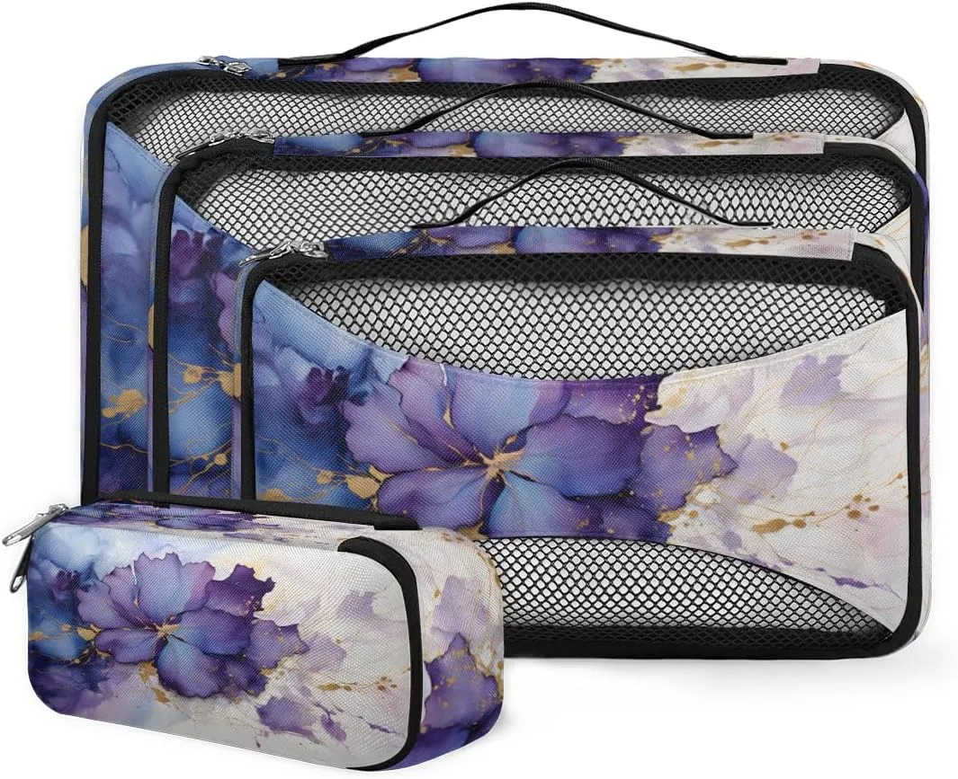 4 Set Packing Cubes for Suitcases, Travel Essentials for Carry on Luggage, Retro Marble Suitcase Organizers for Clothes Shoes Toiletries Travel Accessories in 4 Sizes - Purple Gold Marble