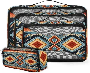 4 Set Packing Cubes for Suitcases, Travel Essentials for Carry on Luggage, Retro Pattern Suitcase Organizers for Clothes Shoes Toiletries Travel Accessories in 4 Sizes - Geometry Aztec