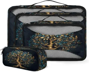 4 Set Packing Cubes for Suitcases, Travel Essentials for Carry on Luggage, Retro Tree Suitcase Organizers for Clothes Shoes Toiletries Travel Accessories in 4 Sizes - Colorful Tree