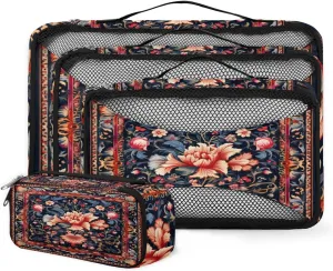 4 Set Packing Cubes for Suitcases, Travel Essentials for Carry on Luggage, Rich Damask Suitcase Organizers for Clothes Shoes Toiletries Travel Accessories in 4 Sizes - Vintage Flower