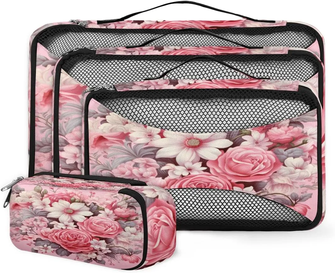 4 Set Packing Cubes for Suitcases, Travel Essentials for Carry on Luggage, Rose Flower Suitcase Organizers for Clothes Shoes Toiletries Travel Accessories in 4 Sizes - Modern Flower
