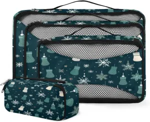 4 Set Packing Cubes for Suitcases, Travel Essentials for Carry on Luggage, Snowflake Suitcase Organizers for Clothes Shoes Toiletries Travel Accessories in 4 Sizes - Xmas Stocking