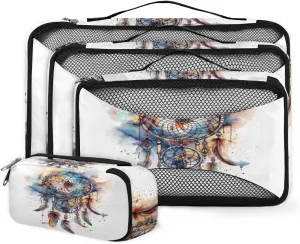 4 Set Packing Cubes for Suitcases, Travel Essentials for Carry on Luggage, Suitcase Organizers for Clothes Shoes Toiletries Travel Accessories in 4 Sizes - Abstract Dream Catcher