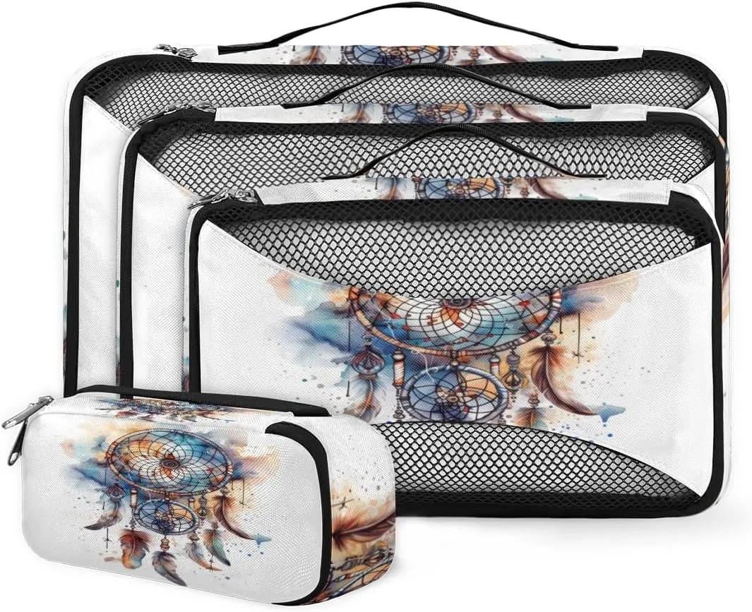 4 Set Packing Cubes for Suitcases, Travel Essentials for Carry on Luggage, Suitcase Organizers for Clothes Shoes Toiletries Travel Accessories in 4 Sizes - Abstract Dream Catcher