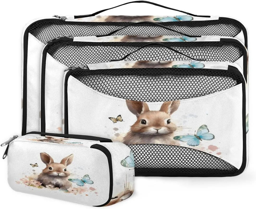 4 Set Packing Cubes for Suitcases, Travel Essentials for Carry on Luggage, Suitcase Organizers for Clothes Shoes Toiletries Travel Accessories in 4 Sizes - Butterfly Flower Rabbit