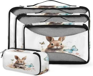 4 Set Packing Cubes for Suitcases, Travel Essentials for Carry on Luggage, Suitcase Organizers for Clothes Shoes Toiletries Travel Accessories in 4 Sizes - Butterfly Flower Rabbit