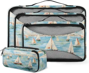4 Set Packing Cubes for Suitcases, Travel Essentials for Carry on Luggage, Suitcase Organizers for Clothes Shoes Toiletries Travel Accessories in 4 Sizes - Graffiti Sailing Boat