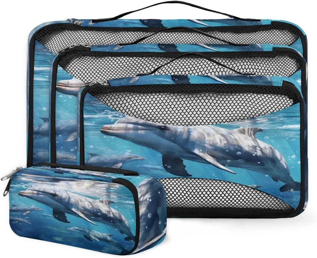 4 Set Packing Cubes for Suitcases, Travel Essentials for Carry on Luggage, Suitcase Organizers for Clothes Shoes Toiletries Travel Accessories in 4 Sizes - Ocean Sea Dolphin