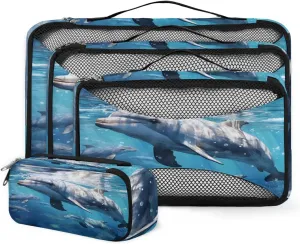 4 Set Packing Cubes for Suitcases, Travel Essentials for Carry on Luggage, Suitcase Organizers for Clothes Shoes Toiletries Travel Accessories in 4 Sizes - Ocean Sea Dolphin