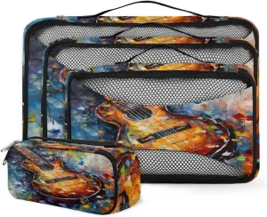 4 Set Packing Cubes for Suitcases, Travel Essentials for Carry on Luggage, Suitcase Organizers for Clothes Shoes Toiletries Travel Accessories in 4 Sizes - Oil Painting Guitar