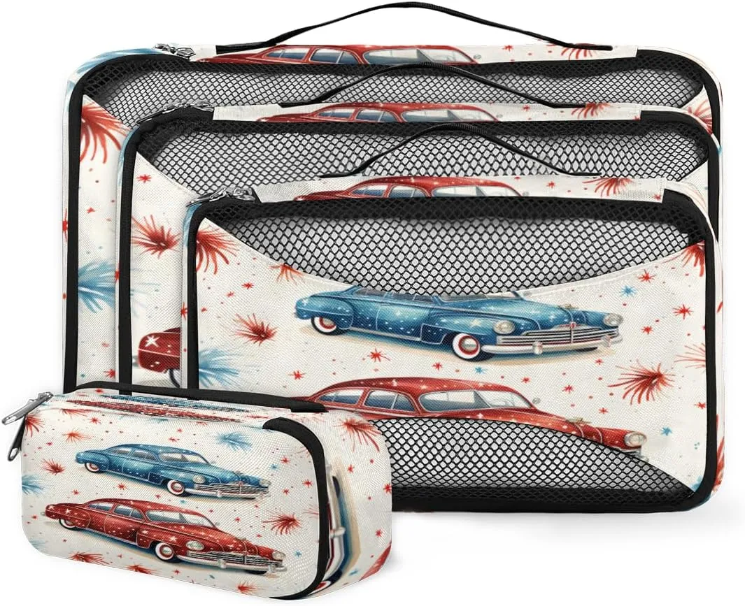 4 Set Packing Cubes for Suitcases, Travel Essentials for Carry on Luggage, Suitcase Organizers for Clothes Shoes Toiletries Travel Accessories in 4 Sizes - Retro Truck Fireworks