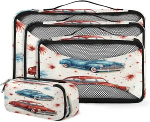 4 Set Packing Cubes for Suitcases, Travel Essentials for Carry on Luggage, Suitcase Organizers for Clothes Shoes Toiletries Travel Accessories in 4 Sizes - Retro Truck Fireworks