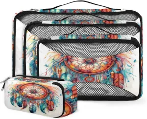 4 Set Packing Cubes for Suitcases, Travel Essentials for Carry on Luggage, Suitcase Organizers for Clothes Shoes Toiletries Travel Accessories in 4 Sizes - Watercolor Dream Catcher