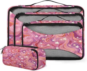 4 Set Packing Cubes for Suitcases, Travel Essentials for Carry on Luggage, Suitcase Organizers for Clothes Shoes Toiletries Travel Accessories in 4 Sizes - Watercolor Pink Star