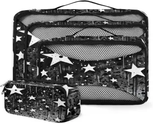 4 Set Packing Cubes for Suitcases, Travel Essentials for Carry on Luggage, Suitcase Organizers for Clothes Shoes Toiletries Travel Accessories in 4 Sizes - Watercolor White Star