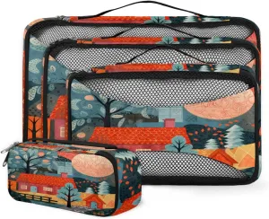 4 Set Packing Cubes for Suitcases, Travel Essentials for Carry on Luggage, Sunset City Suitcase Organizers for Clothes Shoes Toiletries Travel Accessories in 4 Sizes - Cartoon City