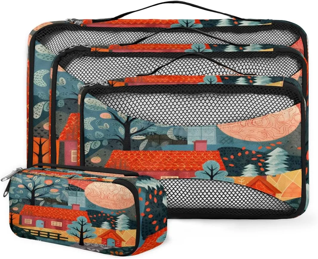 4 Set Packing Cubes for Suitcases, Travel Essentials for Carry on Luggage, Sunset City Suitcase Organizers for Clothes Shoes Toiletries Travel Accessories in 4 Sizes - Cartoon City