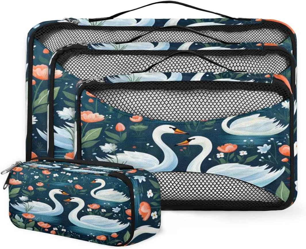 4 Set Packing Cubes for Suitcases, Travel Essentials for Carry on Luggage, Swan Couple Suitcase Organizers for Clothes Shoes Toiletries Travel Accessories in 4 Sizes - Swans