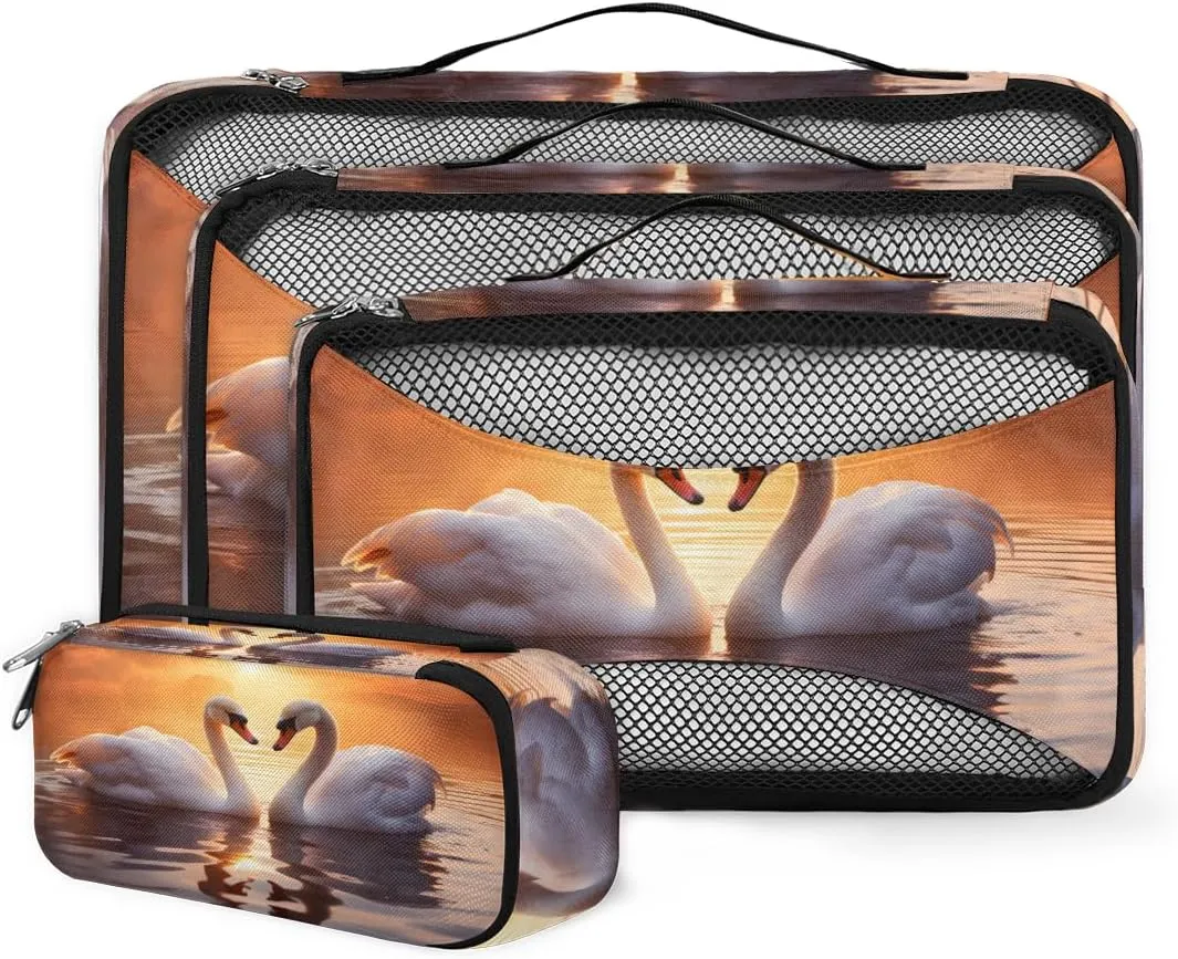 4 Set Packing Cubes for Suitcases, Travel Essentials for Carry on Luggage, Swan in Lake Suitcase Organizers for Clothes Shoes Toiletries Travel Accessories in 4 Sizes - Sunset Swan