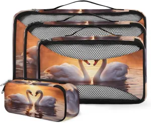 4 Set Packing Cubes for Suitcases, Travel Essentials for Carry on Luggage, Swan in Lake Suitcase Organizers for Clothes Shoes Toiletries Travel Accessories in 4 Sizes - Sunset Swan