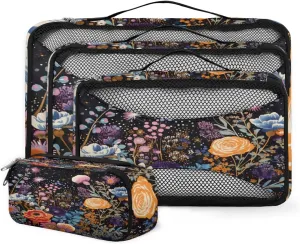 4 Set Packing Cubes for Suitcases, Travel Essentials for Carry on Luggage, Varicolored Flowers Suitcase Organizers for Clothes Shoes Toiletries Travel Accessories in 4 Sizes - Graffiti Flowers