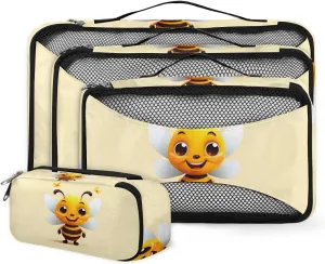 4 Set Packing Cubes for Suitcases, Travel Essentials for Carry on Luggage, Watercolor Bee Suitcase Organizers for Clothes Shoes Toiletries Travel Accessories in 4 Sizes - Cute Bee