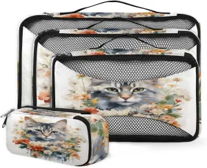 4 Set Packing Cubes for Suitcases, Travel Essentials for Carry on Luggage, Watercolor Cat Suitcase Organizers for Clothes Shoes Toiletries Travel Accessories in 4 Sizes - Flowers Cat