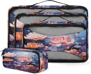 4 Set Packing Cubes for Suitcases, Travel Essentials for Carry on Luggage, Watercolor Flower Suitcase Organizers for Clothes Shoes Toiletries Travel Accessories in 4 Sizes - Beautiful Flower
