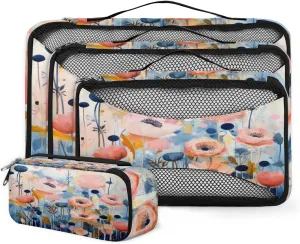 4 Set Packing Cubes for Suitcases, Travel Essentials for Carry on Luggage, Watercolor Flowers Suitcase Organizers for Clothes Shoes Toiletries Travel Accessories in 4 Sizes - Dreamy Flowers