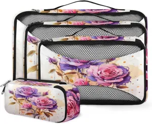 4 Set Packing Cubes for Suitcases, Travel Essentials for Carry on Luggage, Watercolor Rose Suitcase Organizers for Clothes Shoes Toiletries Travel Accessories in 4 Sizes - Fantastic Rose