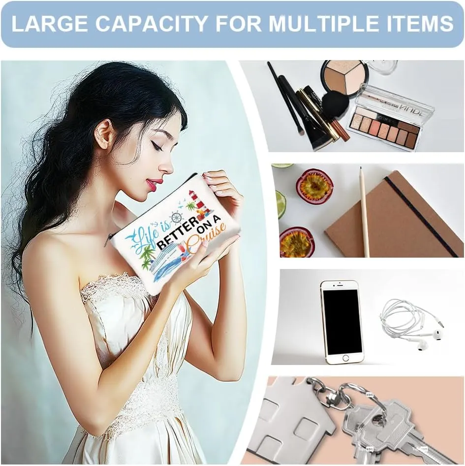 4Pcs Canvas Cruise Ship Makeup Bag - 9.06" x 5.9" Cruise Essentials Survival Kit Gift Cosmetic Bags Travel Organizer Portable Beach Accessories with Zipper