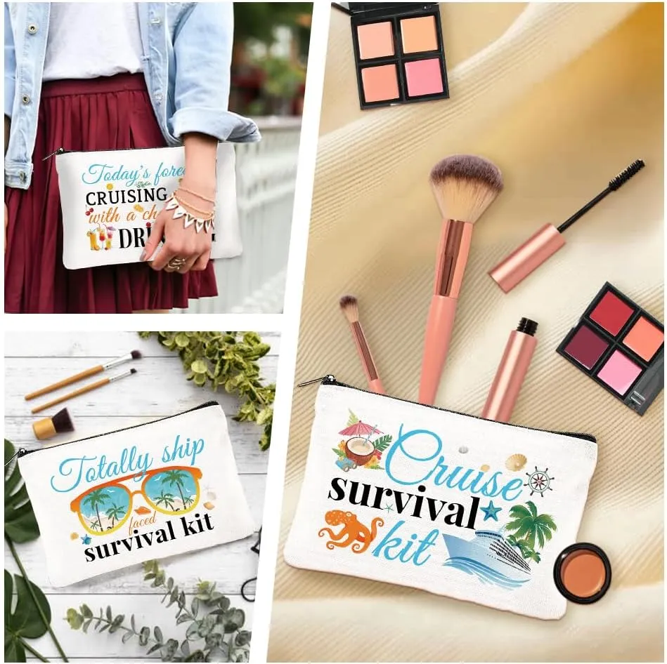 4Pcs Canvas Cruise Ship Makeup Bag - 9.06" x 5.9" Cruise Essentials Survival Kit Gift Cosmetic Bags Travel Organizer Portable Beach Accessories with Zipper