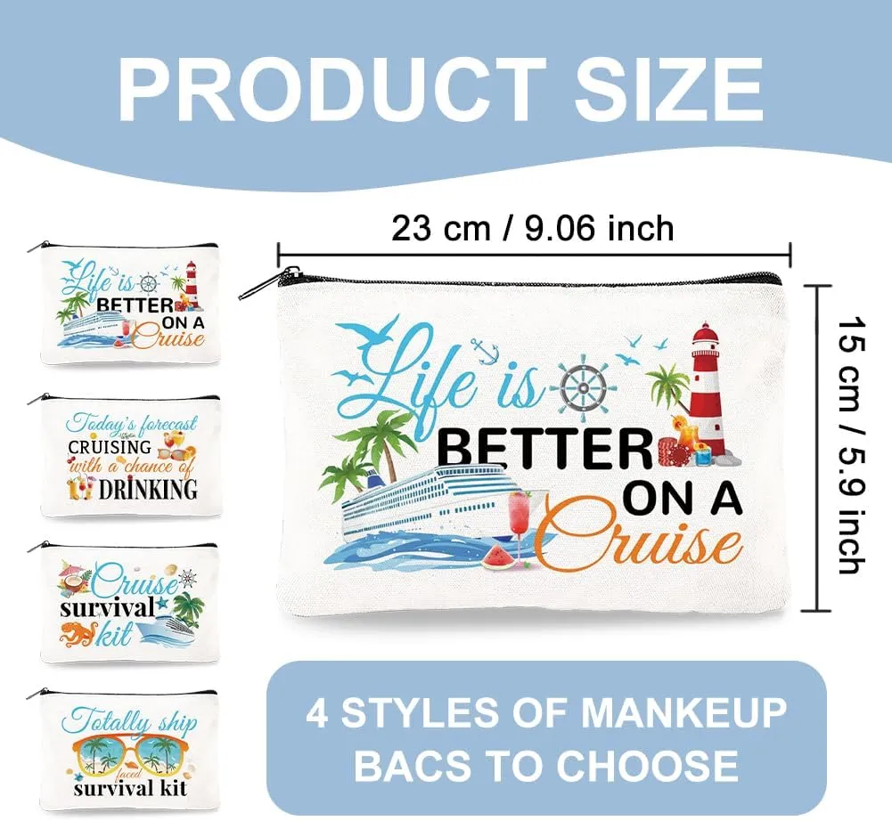 4Pcs Canvas Cruise Ship Makeup Bag - 9.06" x 5.9" Cruise Essentials Survival Kit Gift Cosmetic Bags Travel Organizer Portable Beach Accessories with Zipper
