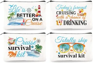 4Pcs Canvas Cruise Ship Makeup Bag - 9.06" x 5.9" Cruise Essentials Survival Kit Gift Cosmetic Bags Travel Organizer Portable Beach Accessories with Zipper