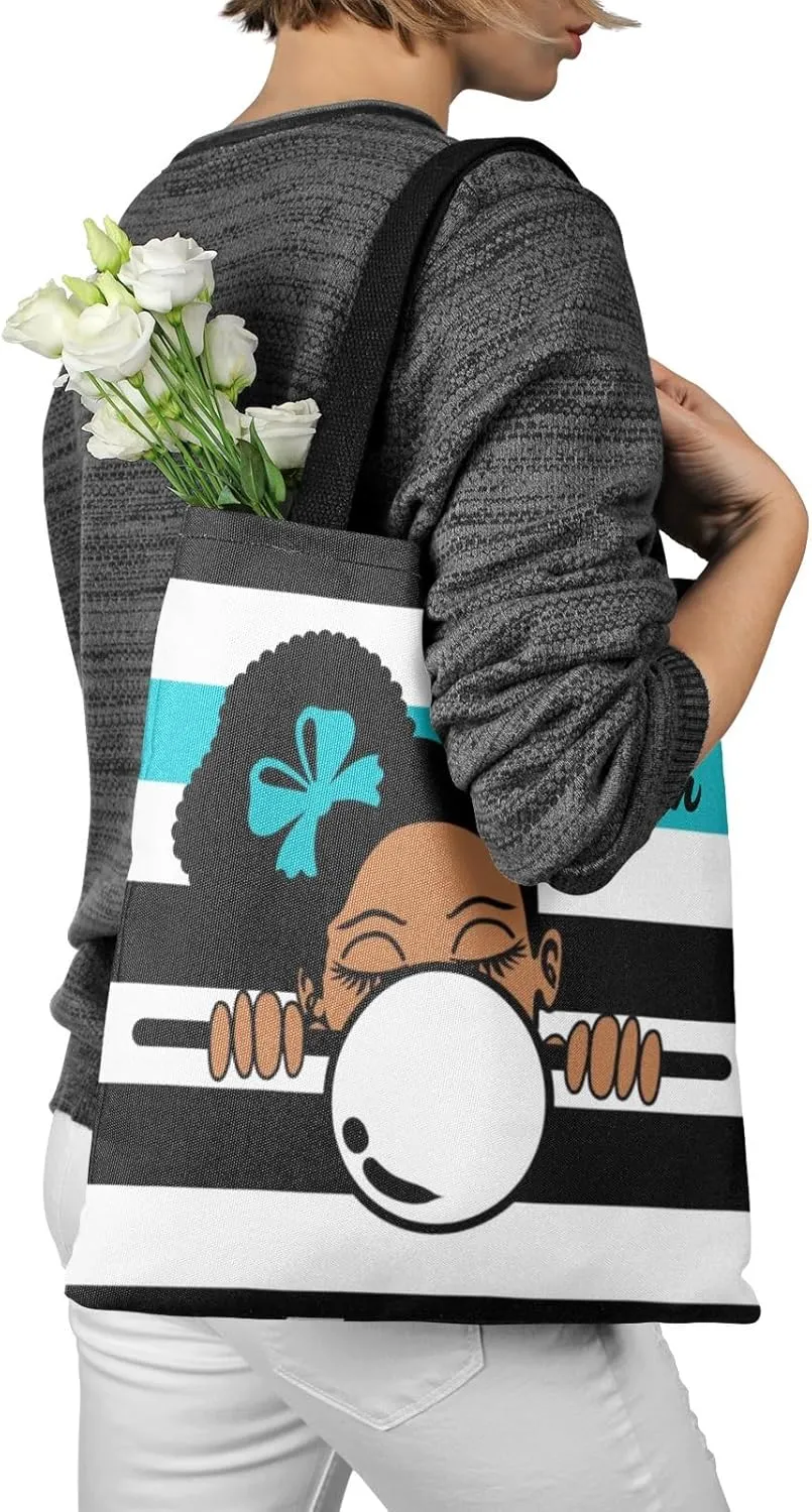 Afro Girl Striped Teal Canvas Tote Bag Aesthetic Reusable Grocery Shopping Bags Shoulder Bag Book Tote Gifts