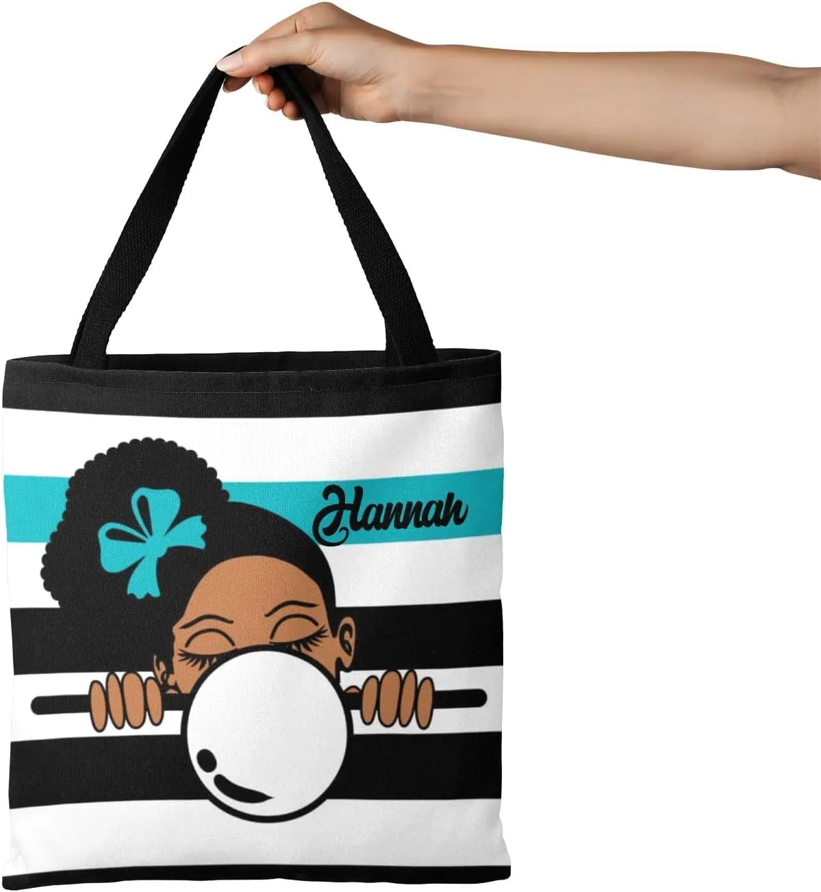 Afro Girl Striped Teal Canvas Tote Bag Aesthetic Reusable Grocery Shopping Bags Shoulder Bag Book Tote Gifts