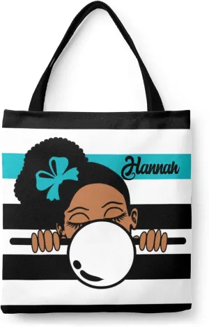 Afro Girl Striped Teal Canvas Tote Bag Aesthetic Reusable Grocery Shopping Bags Shoulder Bag Book Tote Gifts