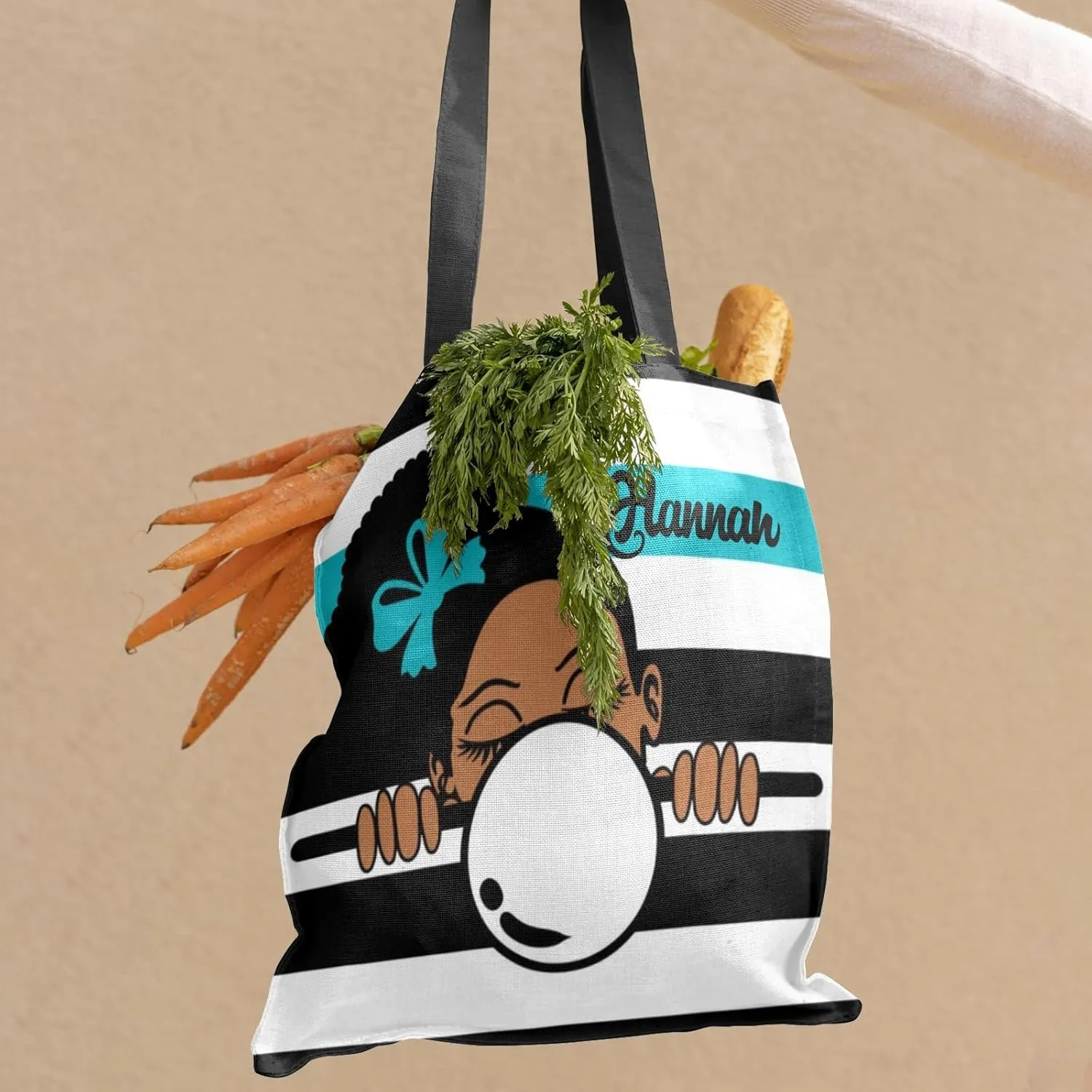 Afro Girl Striped Teal Canvas Tote Bag Aesthetic Reusable Grocery Shopping Bags Shoulder Bag Book Tote Gifts