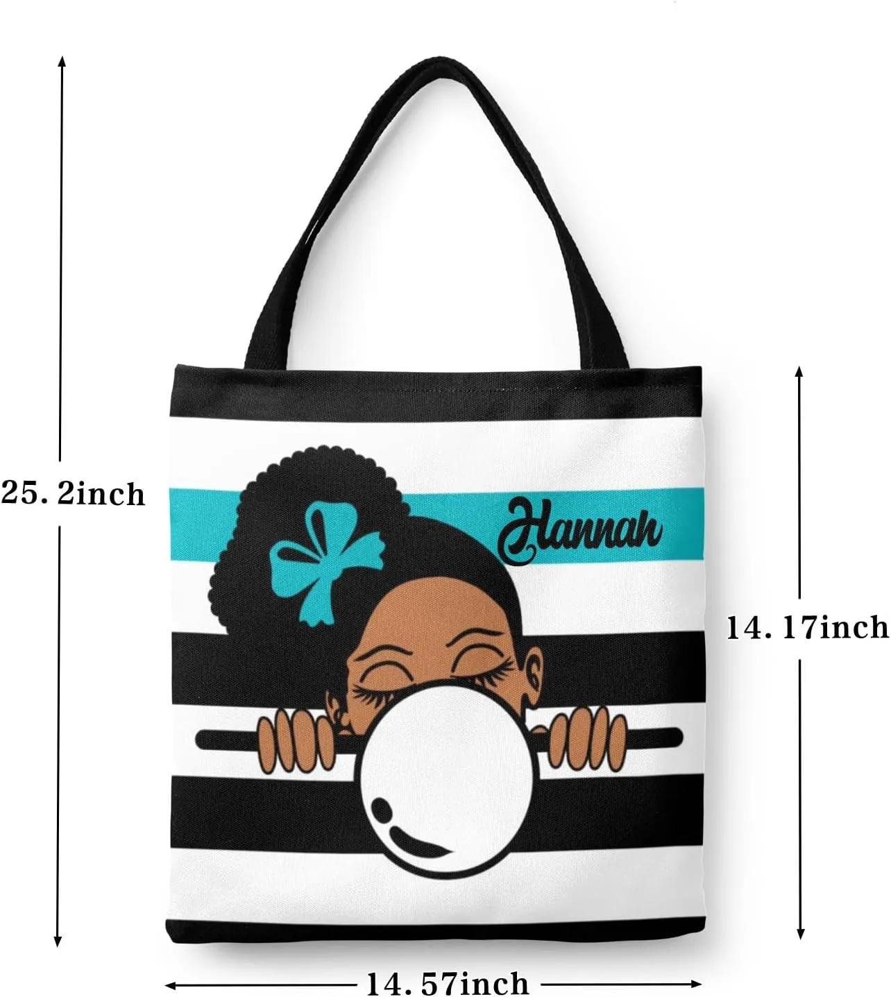 Afro Girl Striped Teal Canvas Tote Bag Aesthetic Reusable Grocery Shopping Bags Shoulder Bag Book Tote Gifts
