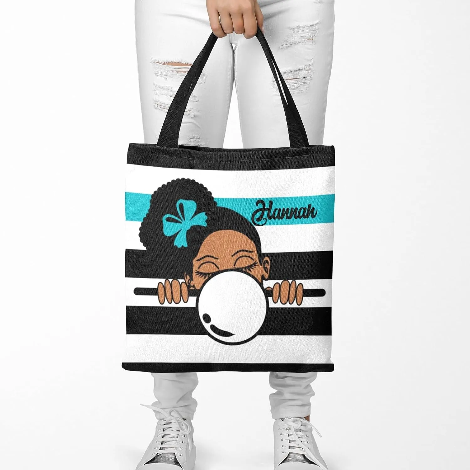 Afro Girl Striped Teal Canvas Tote Bag Aesthetic Reusable Grocery Shopping Bags Shoulder Bag Book Tote Gifts