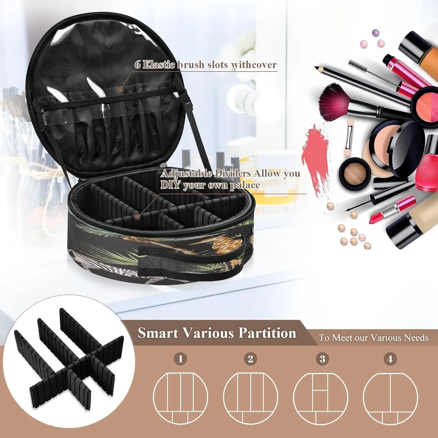 ALAZA Animals Zebra Giraffe Stand under Palm Trees Safar Travel Make Up Organizer Cosmetic Brush Bags Case