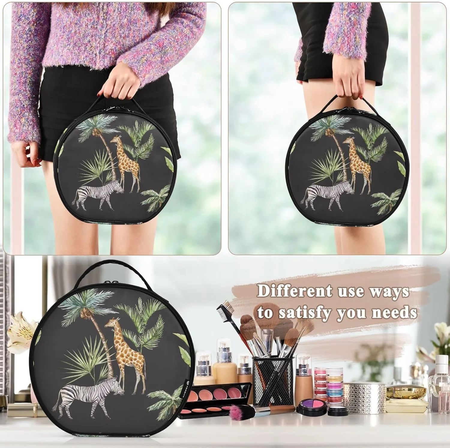 ALAZA Animals Zebra Giraffe Stand under Palm Trees Safar Travel Make Up Organizer Cosmetic Brush Bags Case