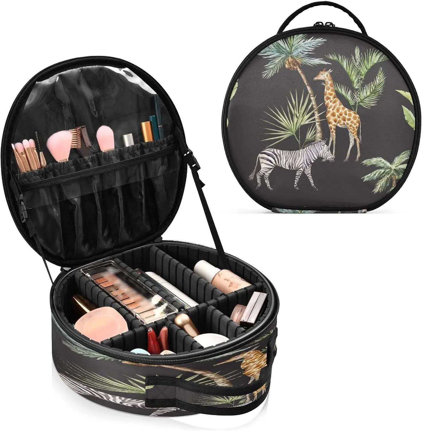 ALAZA Animals Zebra Giraffe Stand under Palm Trees Safar Travel Make Up Organizer Cosmetic Brush Bags Case