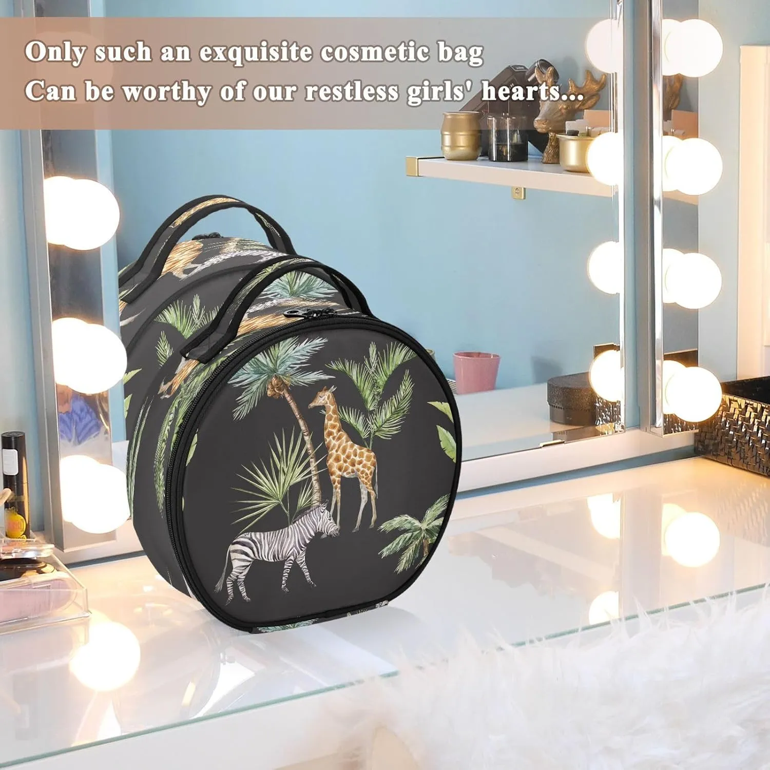 ALAZA Animals Zebra Giraffe Stand under Palm Trees Safar Travel Make Up Organizer Cosmetic Brush Bags Case