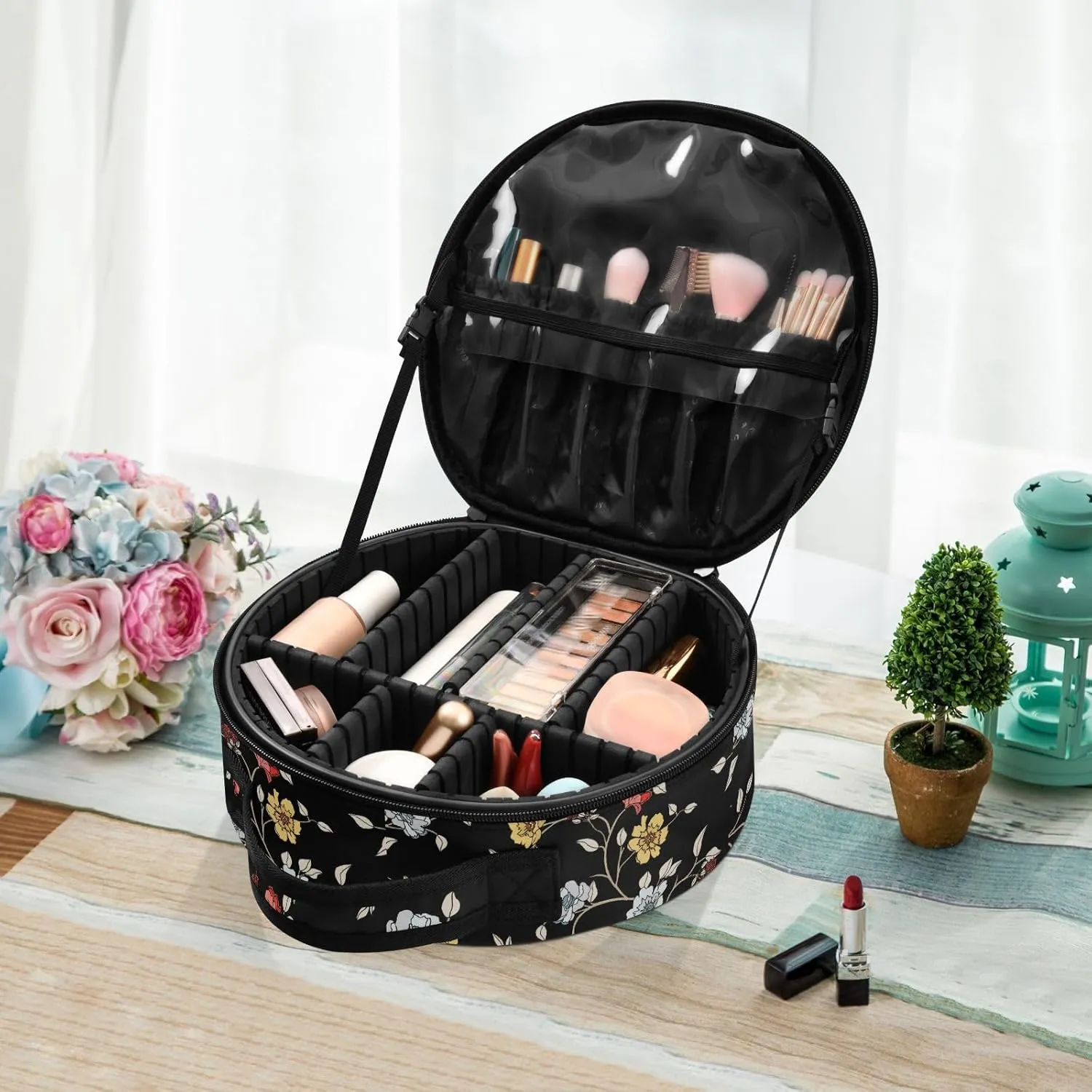 ALAZA Flowers and Leaves Travel Makeup Train Case Makeup Cosmetic Case with Adjustable Dividers