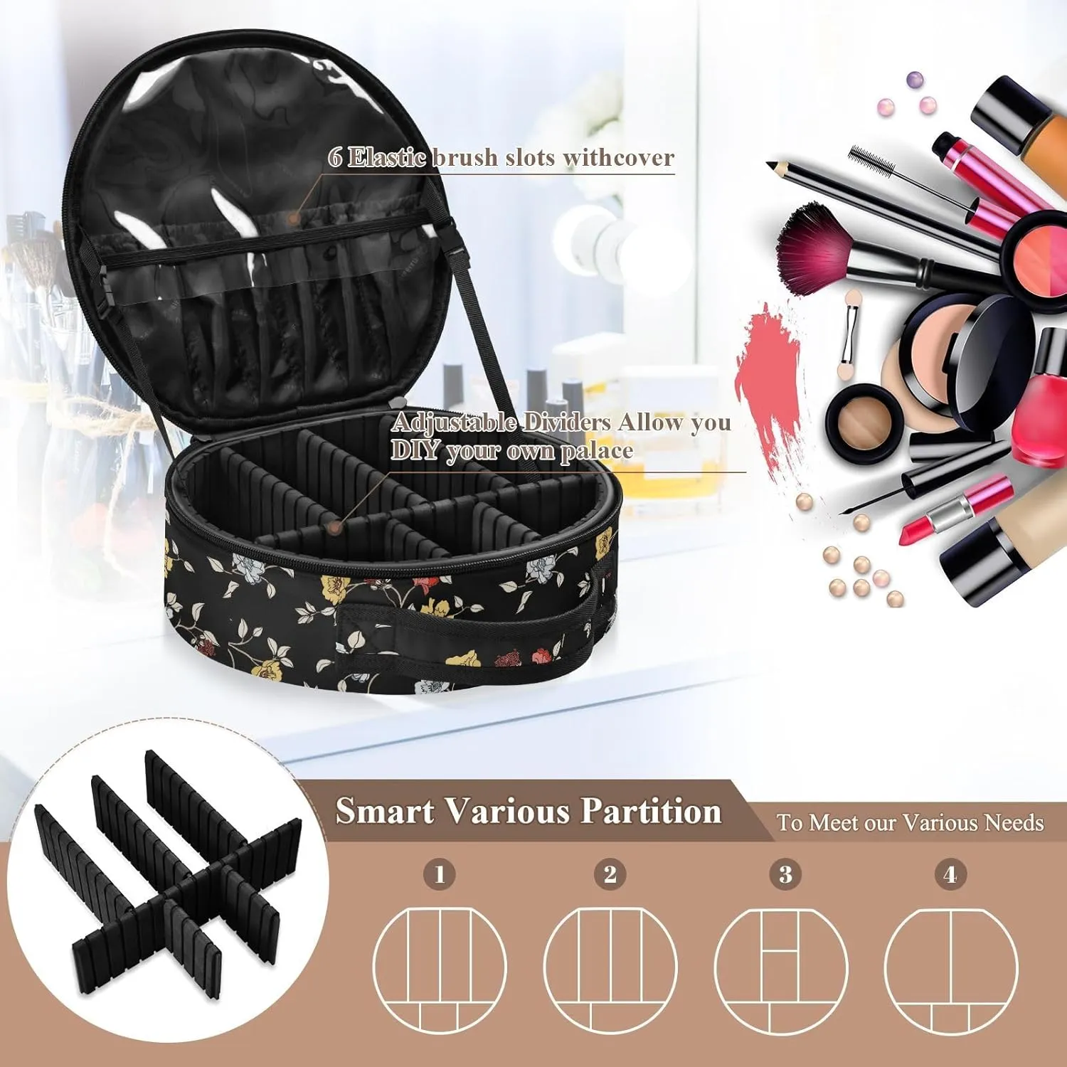 ALAZA Flowers and Leaves Travel Makeup Train Case Makeup Cosmetic Case with Adjustable Dividers
