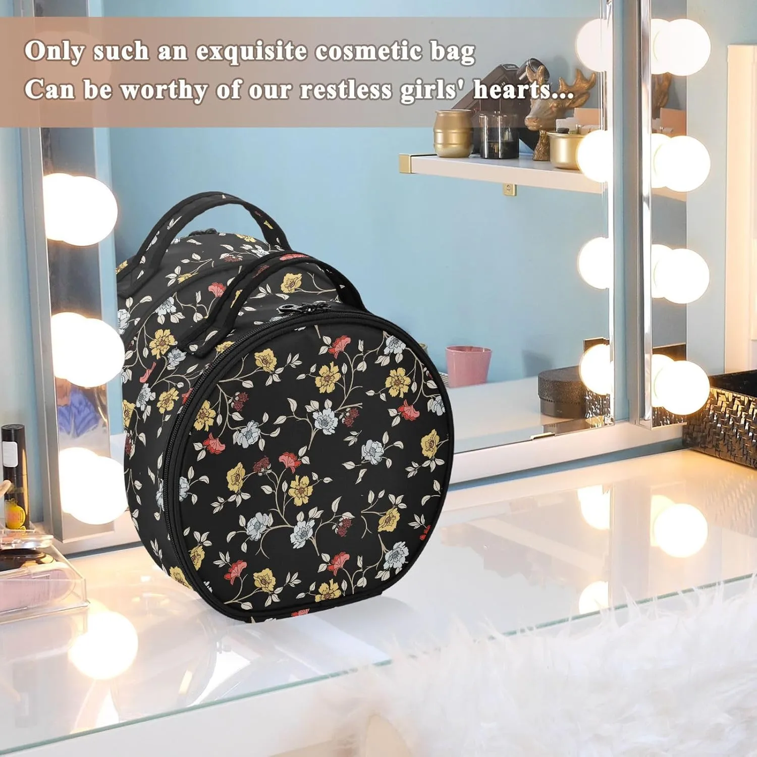ALAZA Flowers and Leaves Travel Makeup Train Case Makeup Cosmetic Case with Adjustable Dividers