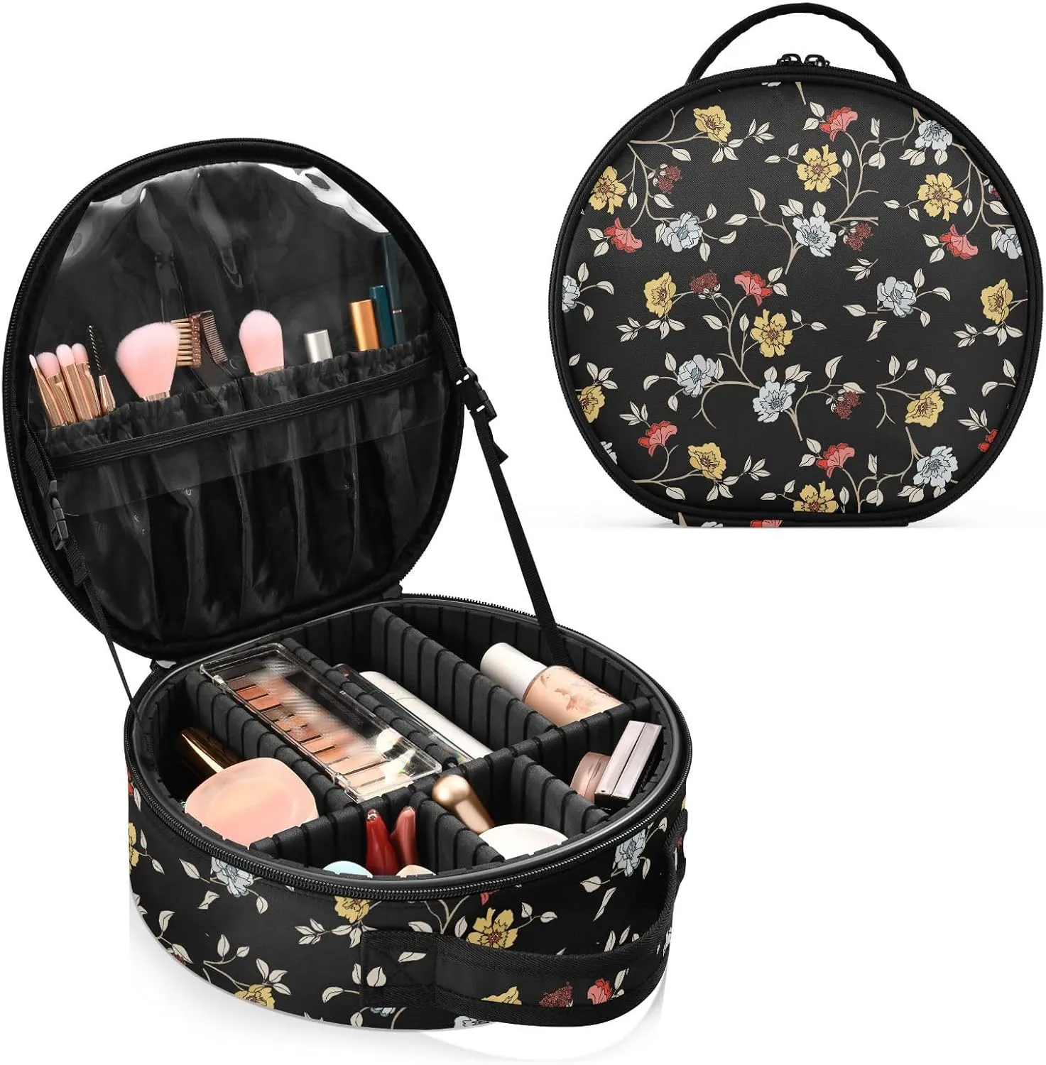 ALAZA Flowers and Leaves Travel Makeup Train Case Makeup Cosmetic Case with Adjustable Dividers