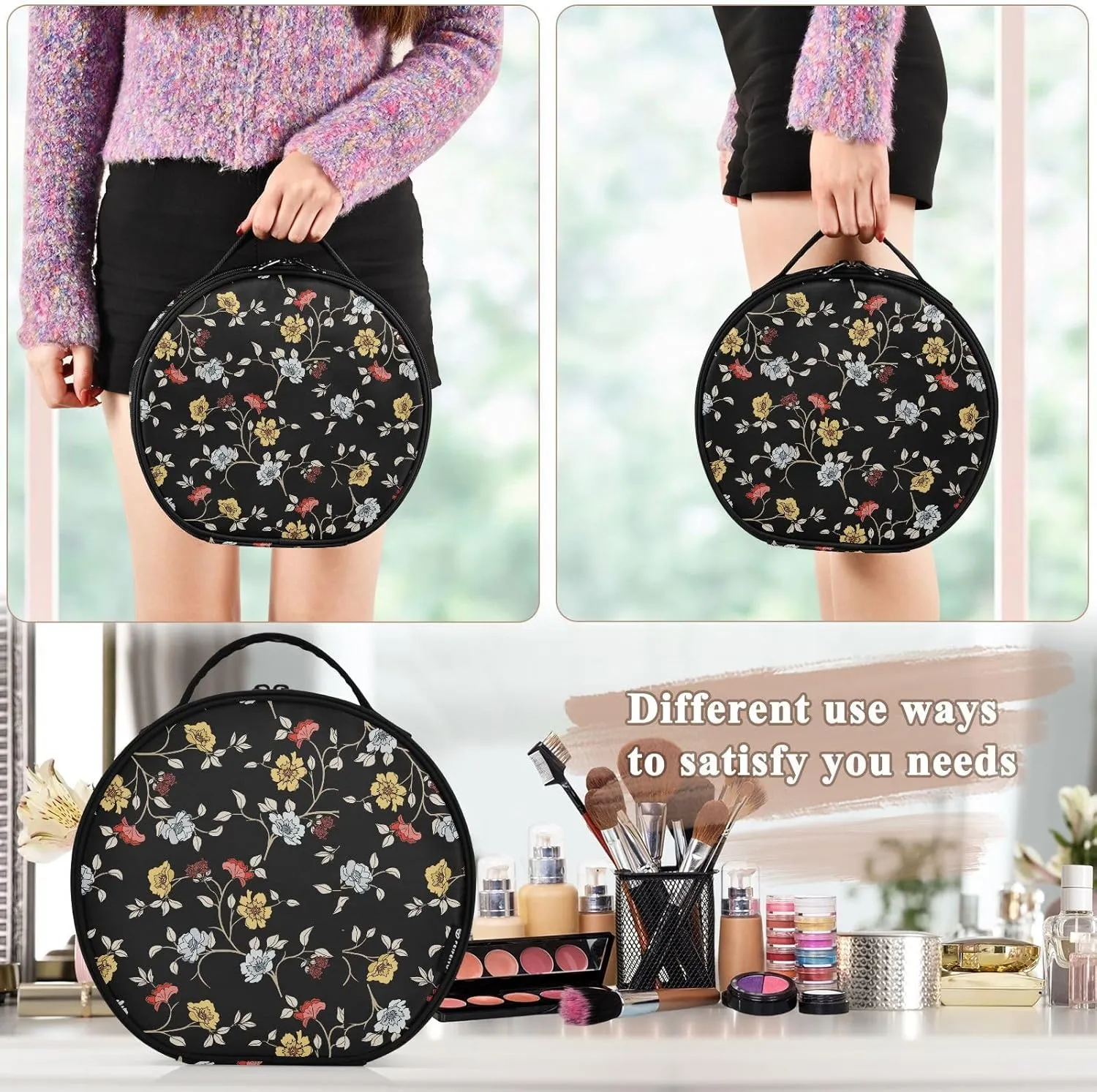 ALAZA Flowers and Leaves Travel Makeup Train Case Makeup Cosmetic Case with Adjustable Dividers