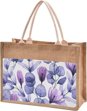 ALAZA Jute Tote Bags Burlap Tote Bag Beautiful Purple Flower Straw Beach Bag Waterproof Reusable Natural Burlap Bags